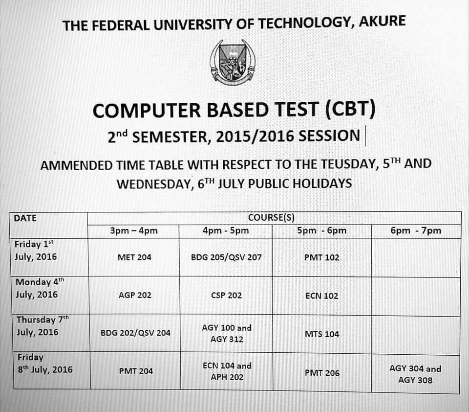 FUTA CBT Amended Timetable for 2nd Semester - 2015/2016