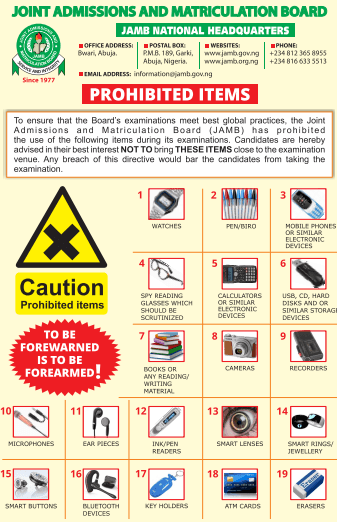 JAMB - Prohibited Items Candidates Should Avoid Taking to UTME