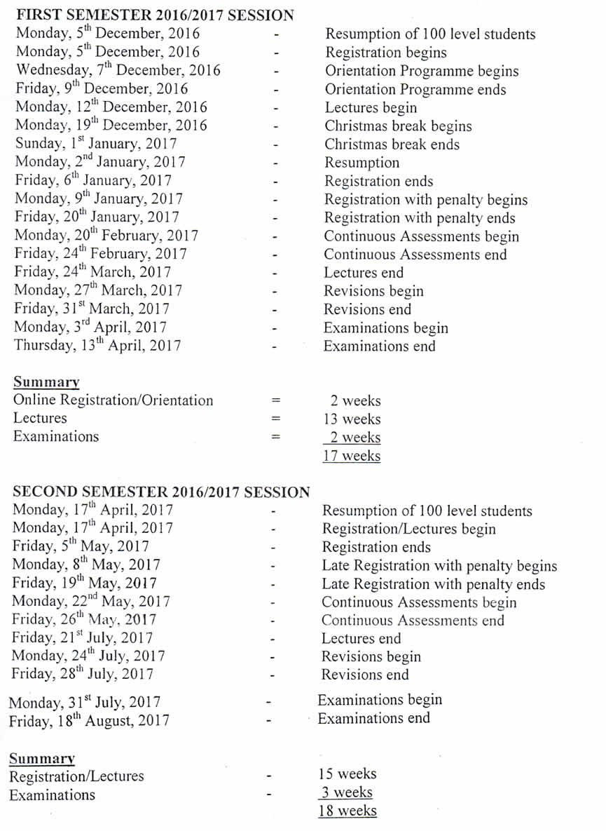 EKSU Proposed Academic Calendar for First And Second Semesters Of 2016/2017 Session for 100 Level Students (Amended)