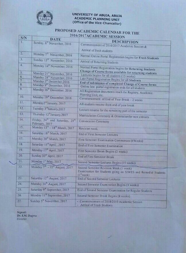 UNIABUJA Proposed Academic Calendar for 2016/17 Session