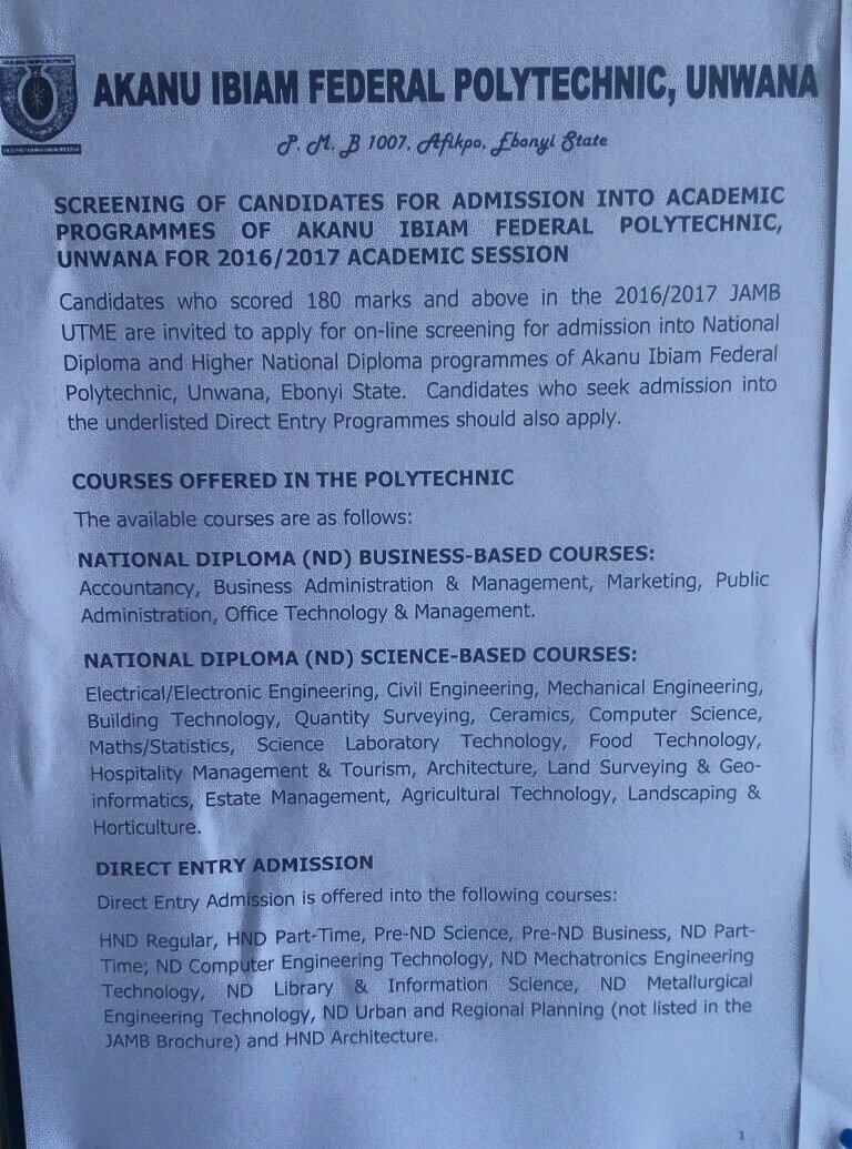 Akanu Ibiam Poly Unwana Post UTME Screening Form - 2016/2017