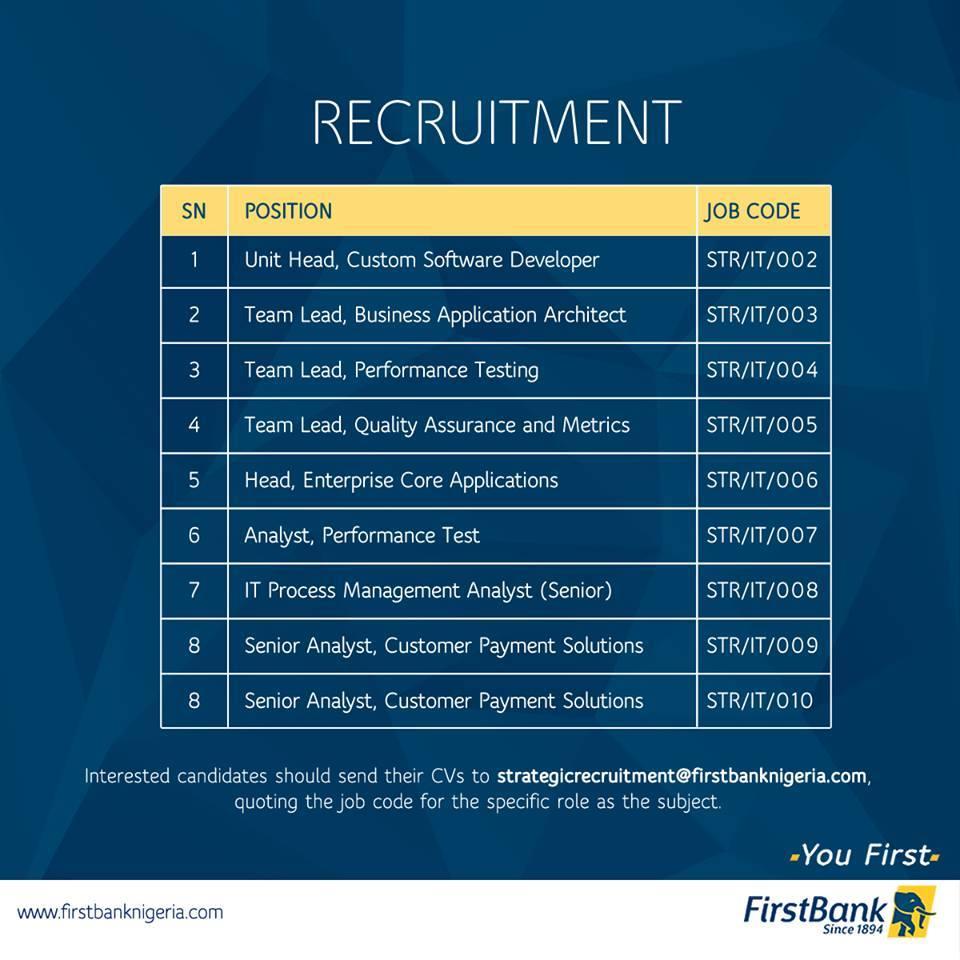 First Bank Nigeria Plc. is recruiting massively - 2016.
