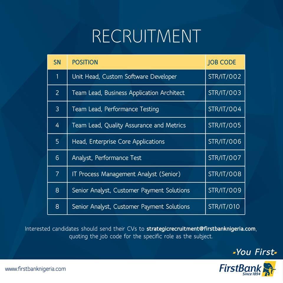 First Bank Nigeria Plc. is recruiting massively - 2016.