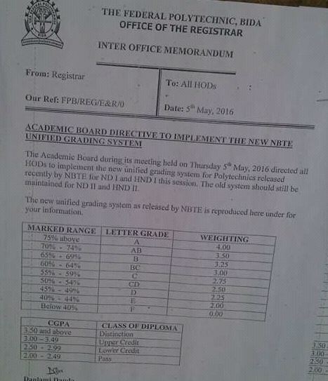 Fed Poly Bida Notice On New Grading System For ND I And HND I