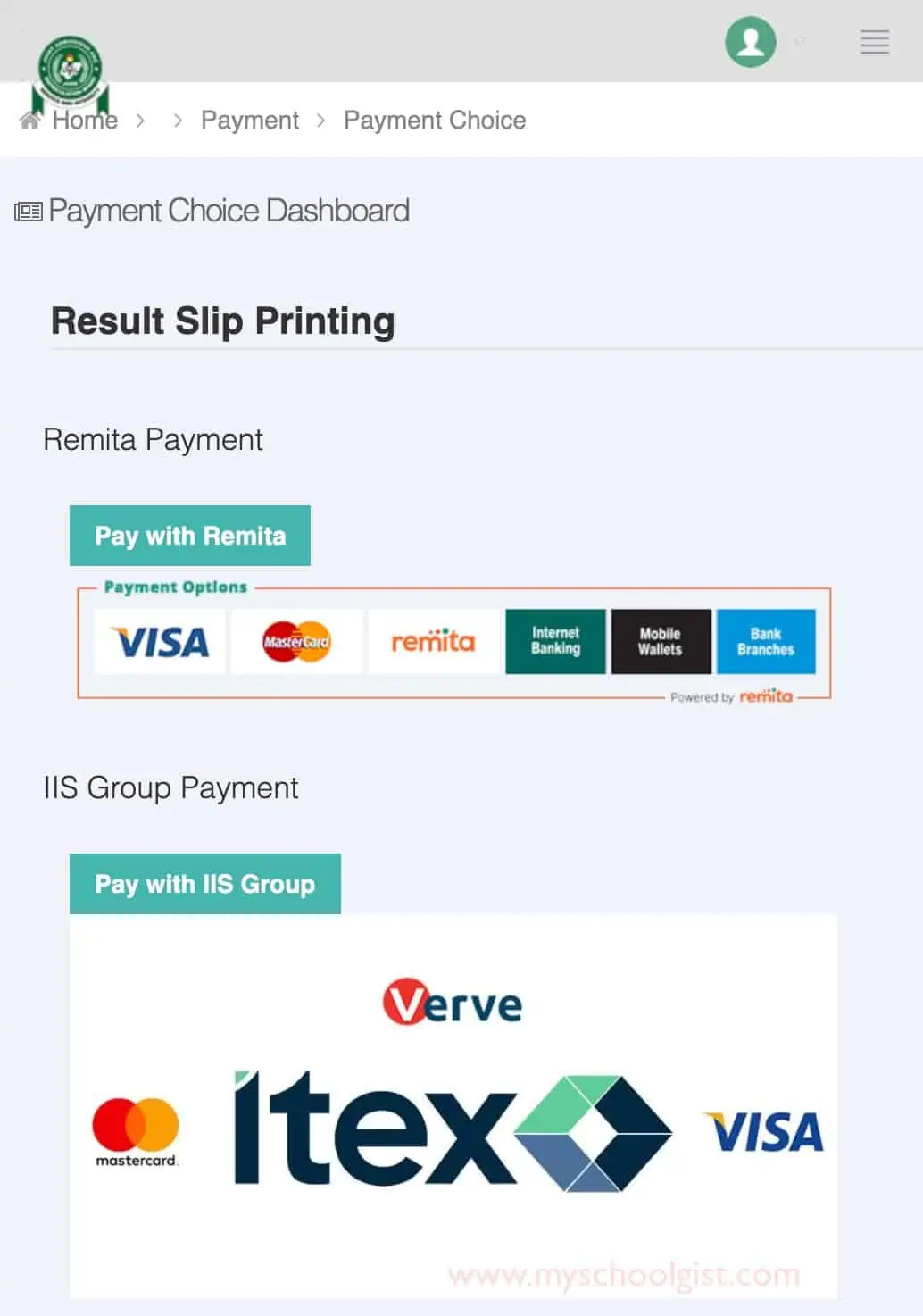 Select you method of payment for JAMB result