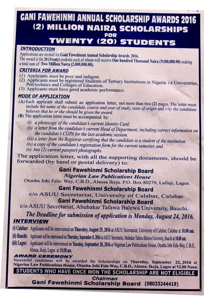 2016 Gani Fawehinmi Scholarship Awards - How to Apply