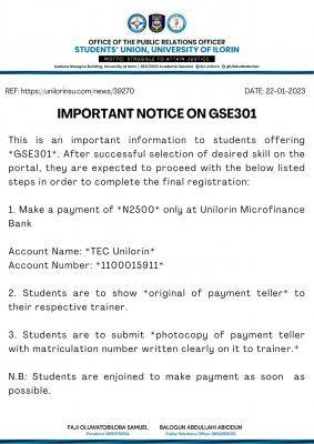 UNILORIN important notice to GSE 301 students