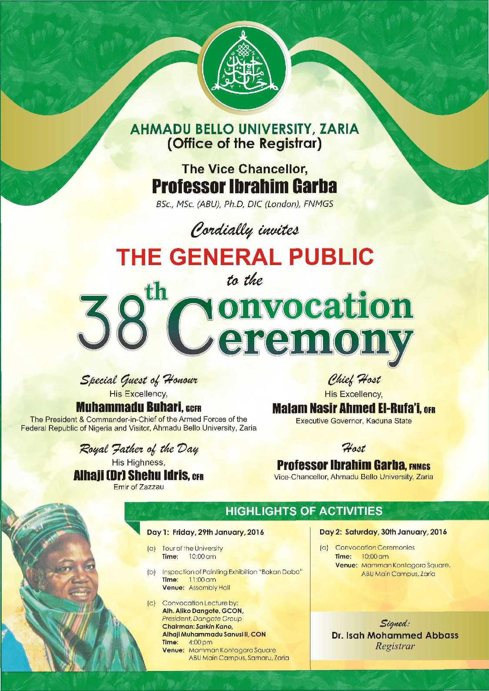ABU 38th Convocation Ceremonies Programme of Events