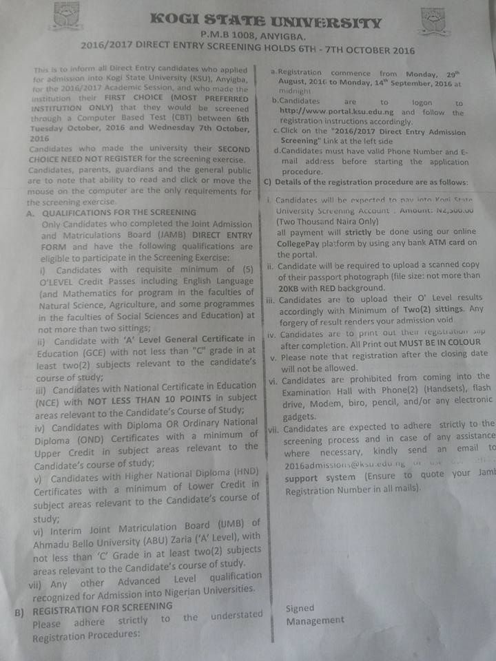 KSU Direct Entry Admission Screening for is Out - 2016/2017