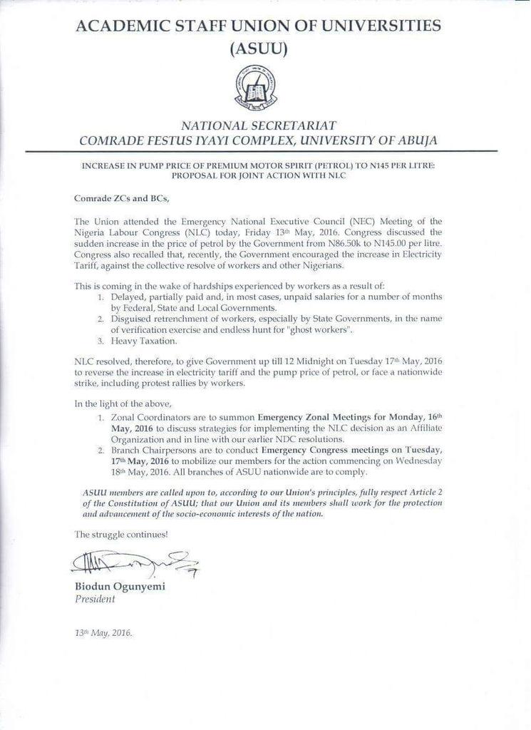 ASUU Set to Join NLC & TUC to Embark on Hike in Fuel Price Strike