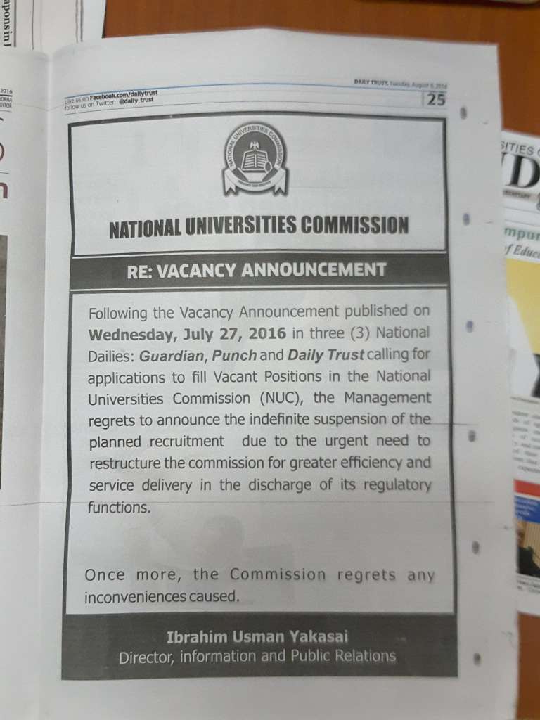 NUC Suspends Planned Recruitment Indefinitely