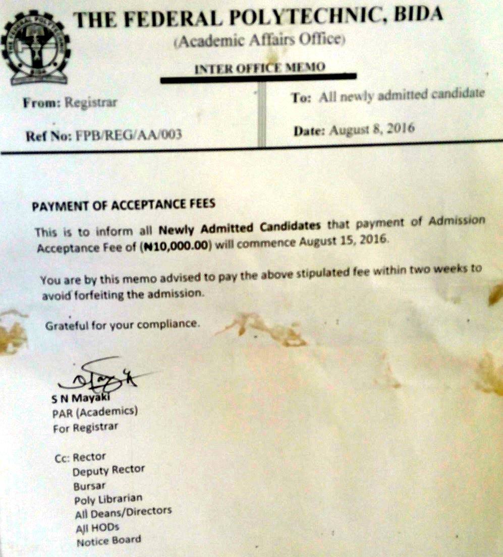 Federal Poly Bida HND Acceptance Fee Payment Details - 2016/2017